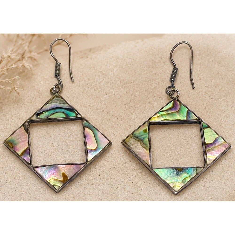 Vintage 925 Sterling Silver Abalone Shell Geometric Dangle Earrings Mexico